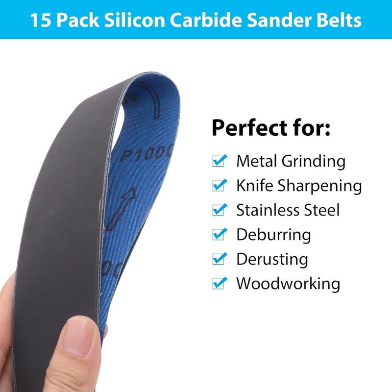 SHUTTLE GENIUS 15 Pack 1-1/2 x 30 Inch Sanding Belts, Extra Fine Grit Silicon Carbide Sanding Belt, 5 Pcs Each of 600, 800, 1000 Grits Sander Belt for Knife Sharpening Woodworking - Image 4